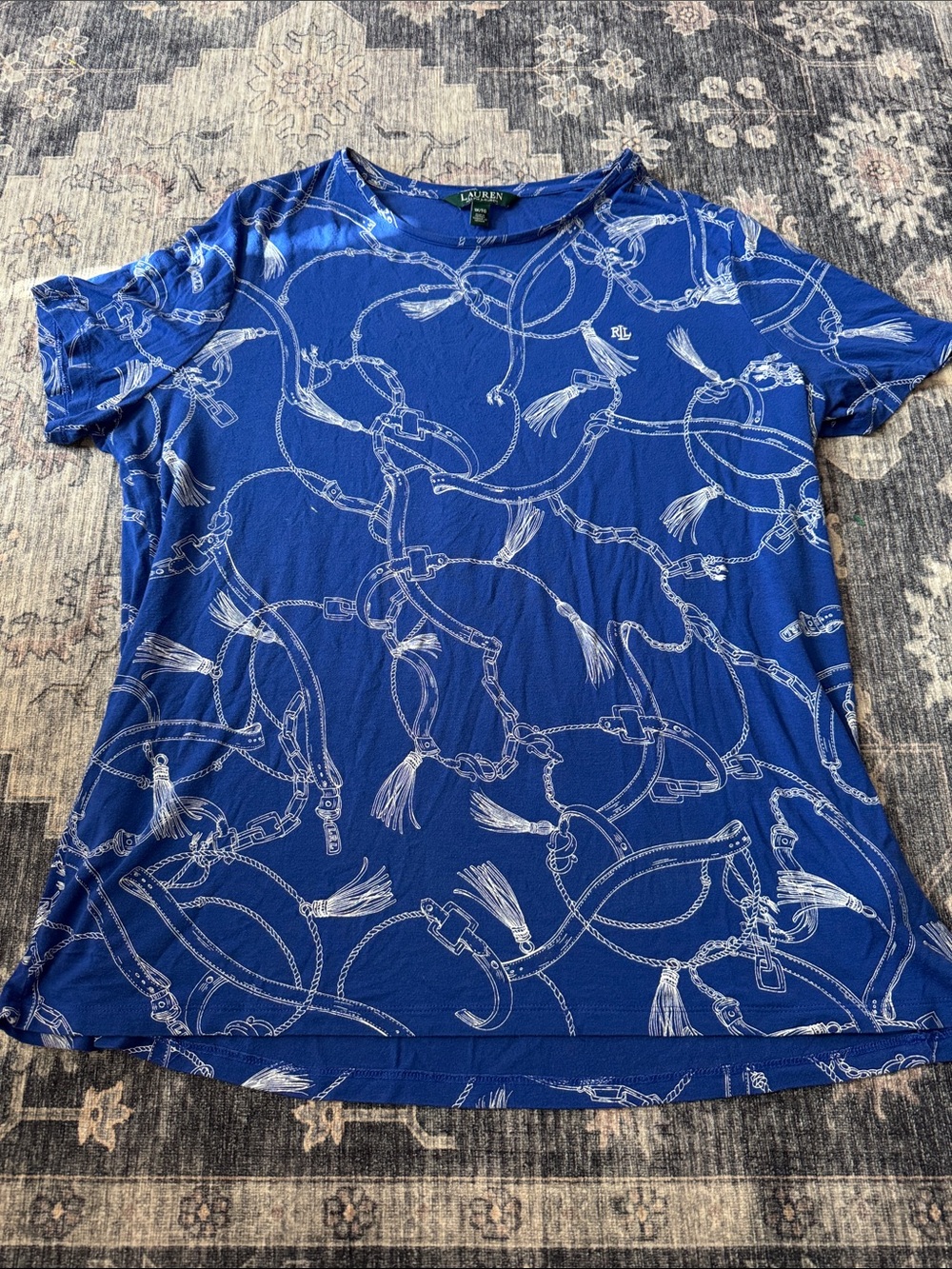 Lauren Ralph Lauren Blue Short Sleeve Chain & Tassel Print Tee